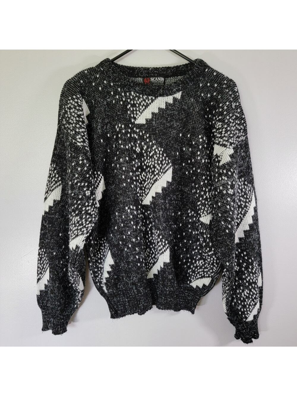 Scandia VTG Sweater Men L Made USA Black White Ski Chalet Preppy Business Casual